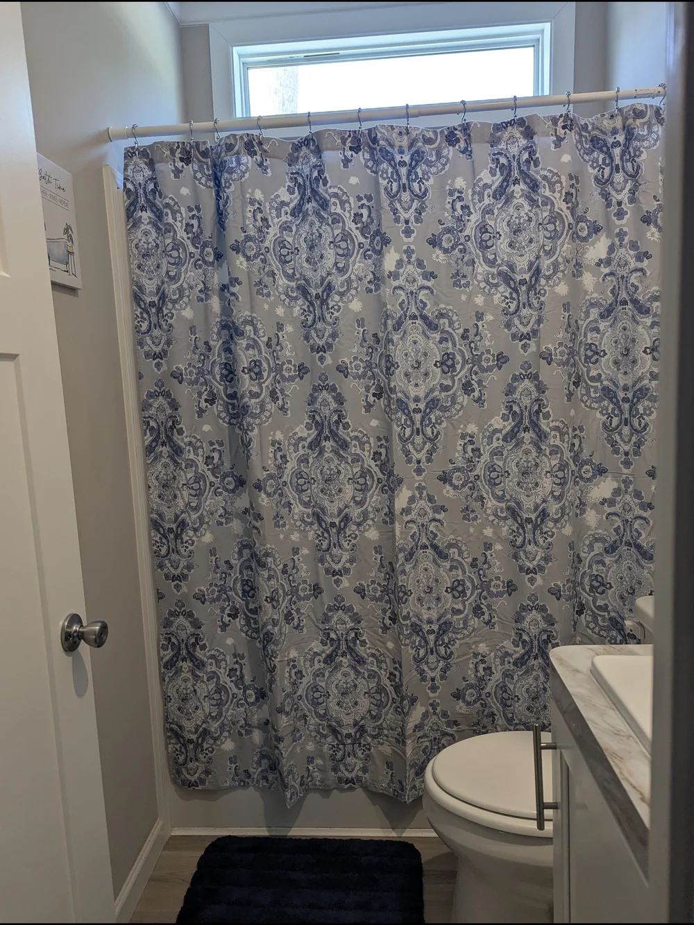 Blue Damask Shower Curtain in Gray and Navy - Classic Bathroom Look